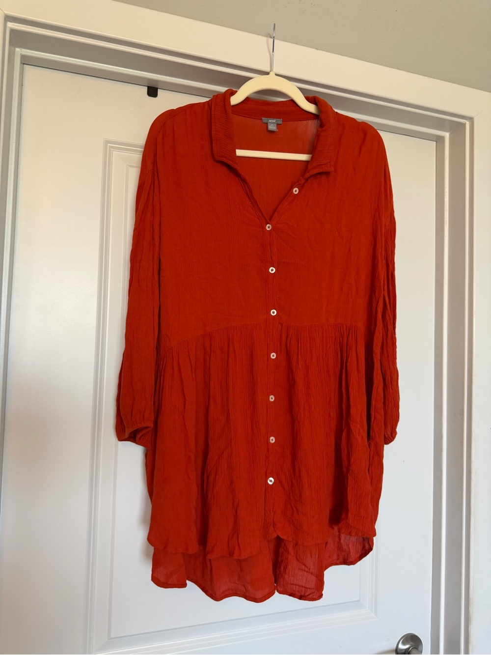 Aerie Orange Crinkle Gauze Button Front Babydoll Tunic Top Size XL